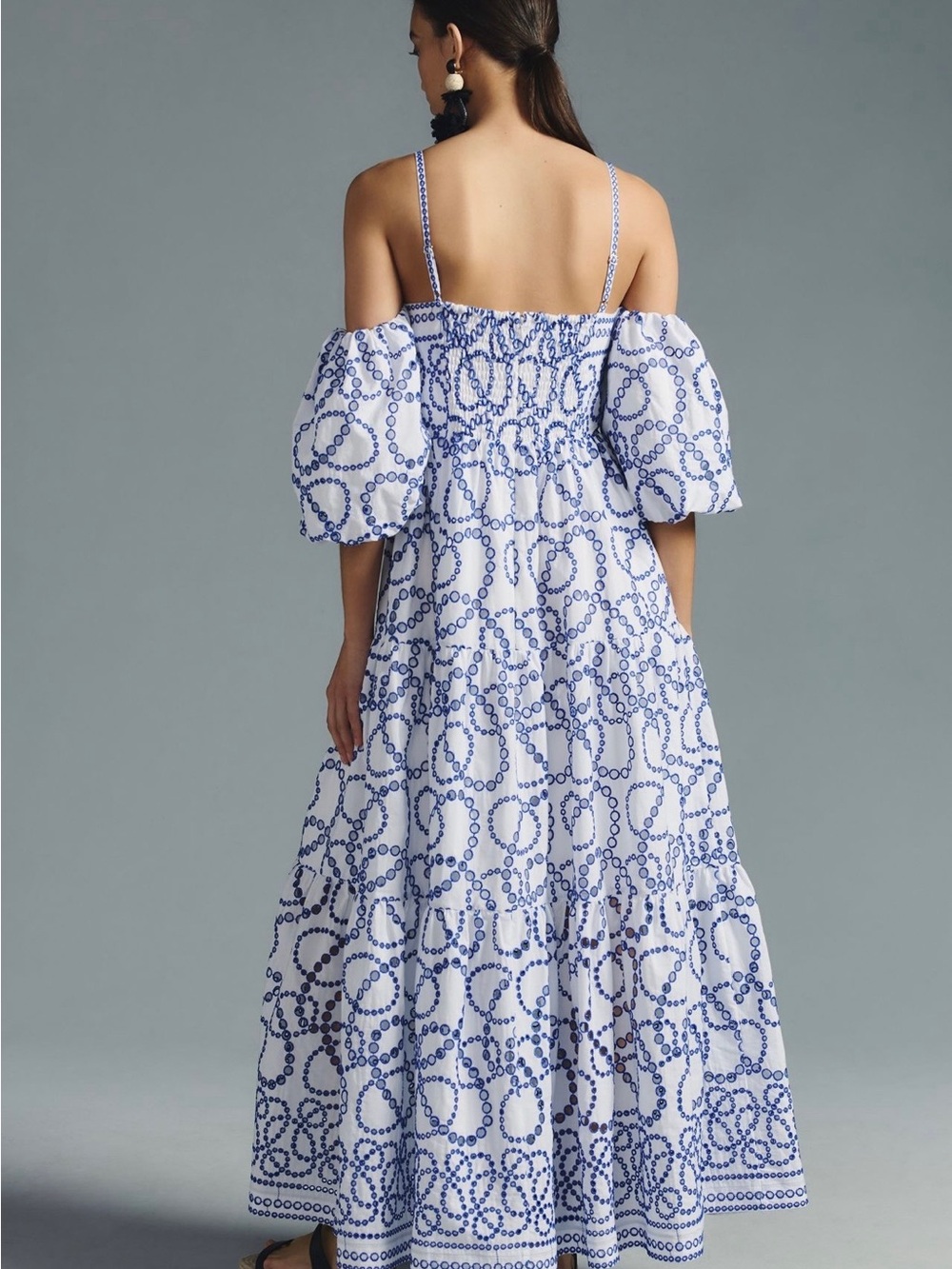 Anthropologie White Maxi Dress with Blue Chain Print